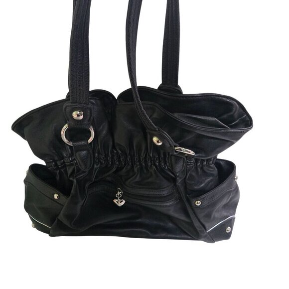 Wilson Leather Ellie V Cinched Black Leather Hobo Bag Silver Buckles 14"x10"x3" - Picture 4 of 8